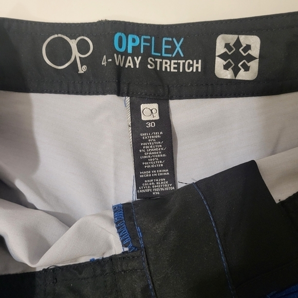 OP Plex 4 Way Strech , Men's Swim Trunks, Blue/Black/ Stripes Design Size30 - Picture 4 of 9
